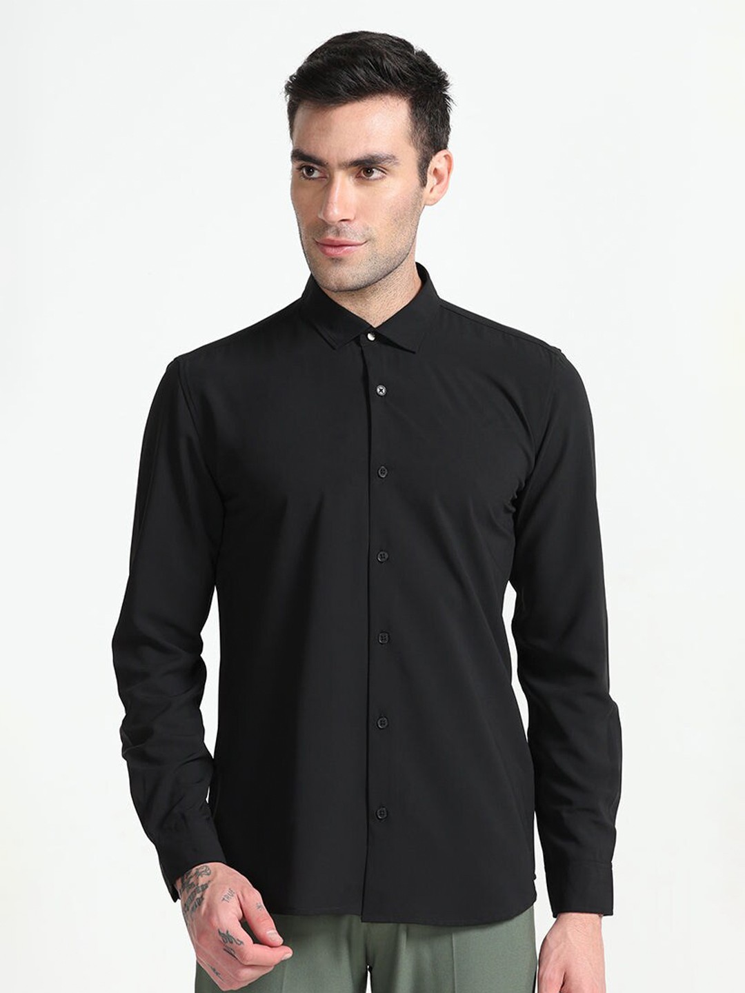 

Snitch Classic Spread Collar Slim Fit Pure Cotton Casual Shirt, Black