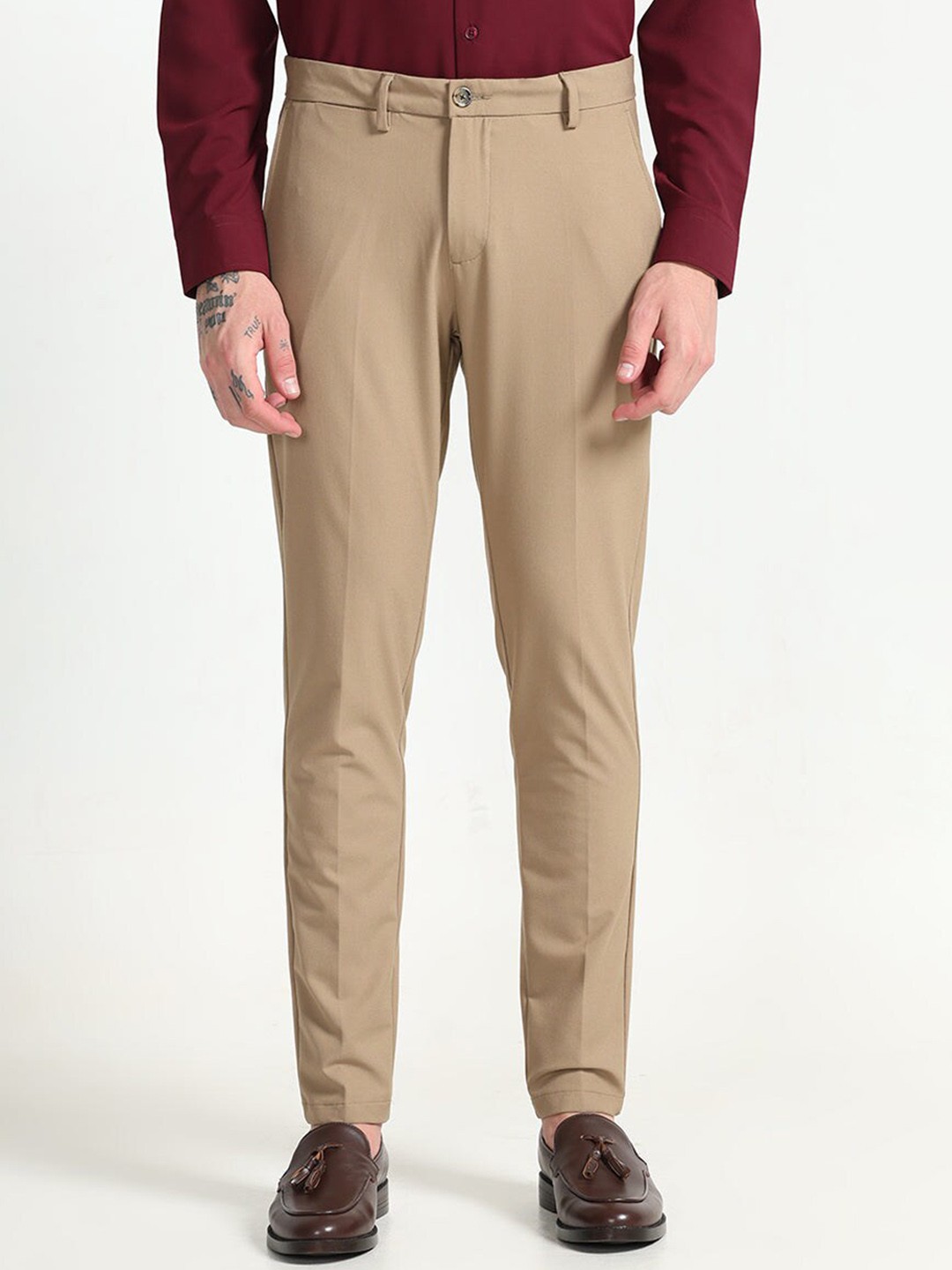 

Snitch Men Original Slim Fit Linen Cotton Formal Trousers, Cream