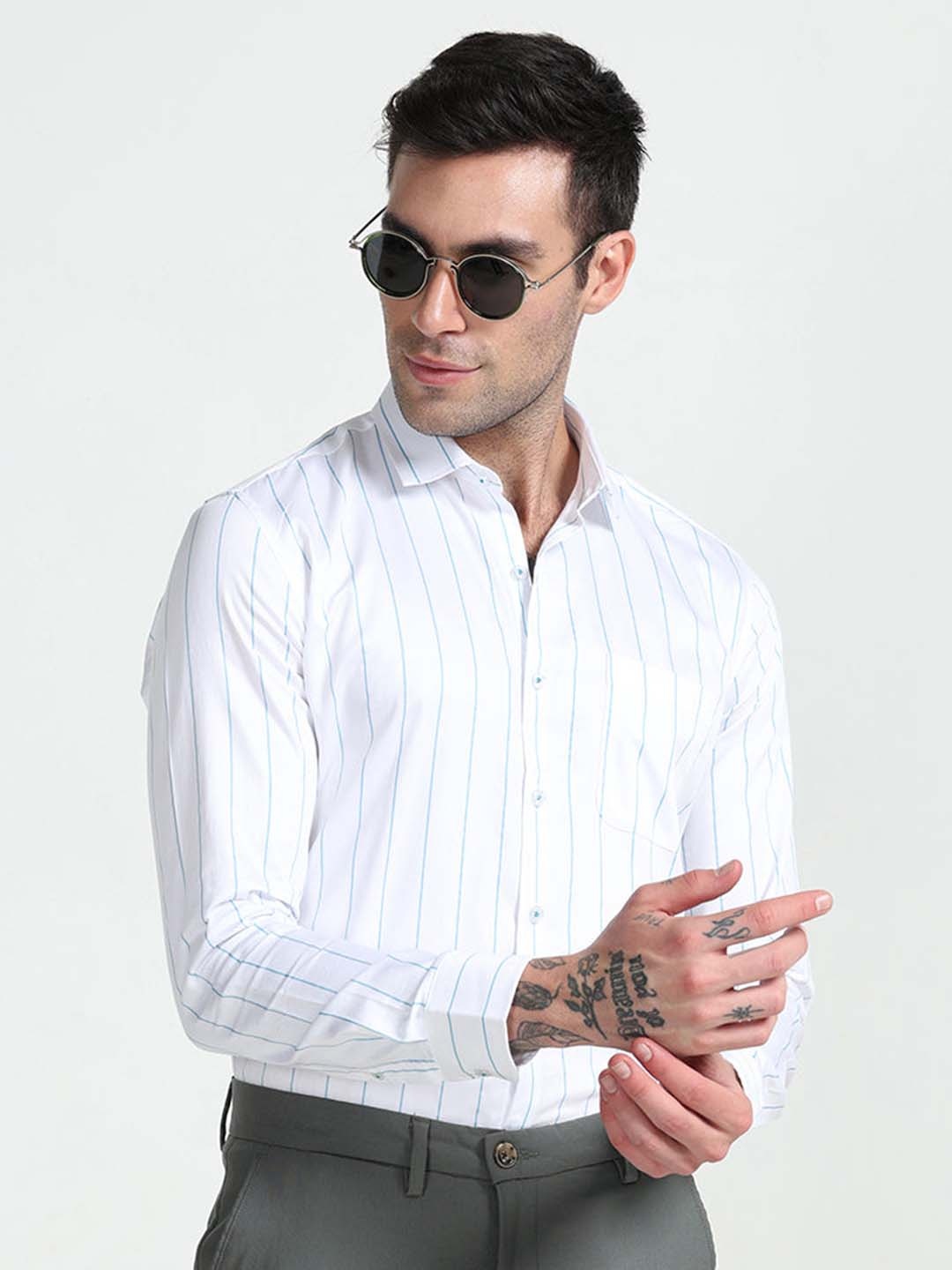 

Snitch Blue Classic Slim Fit Vertical Stripes Pure Cotton Casual Shirt