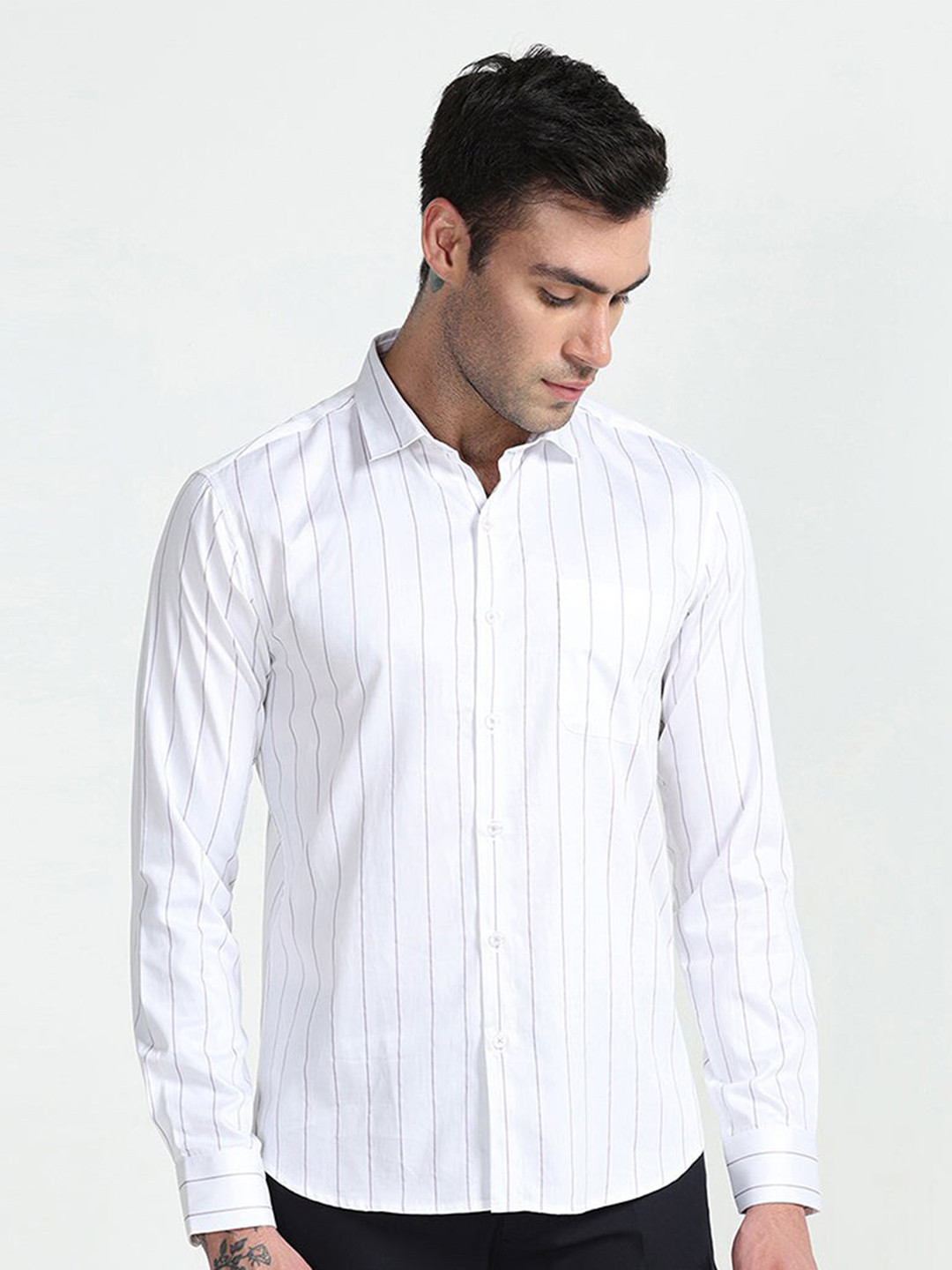 

Snitch Classic Slim Fit Vertical Striped Pure Cotton Casual Shirt, White