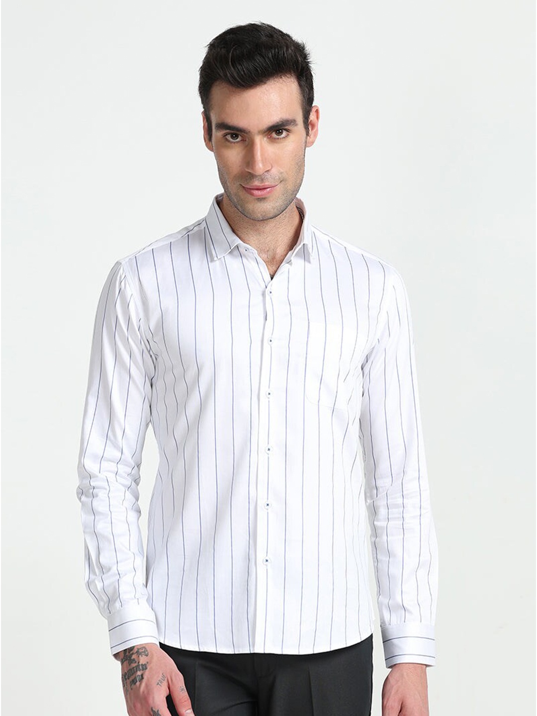 

Snitch Classic Slim Fit Vertical Striped Pure Cotton Casual Shirt, White