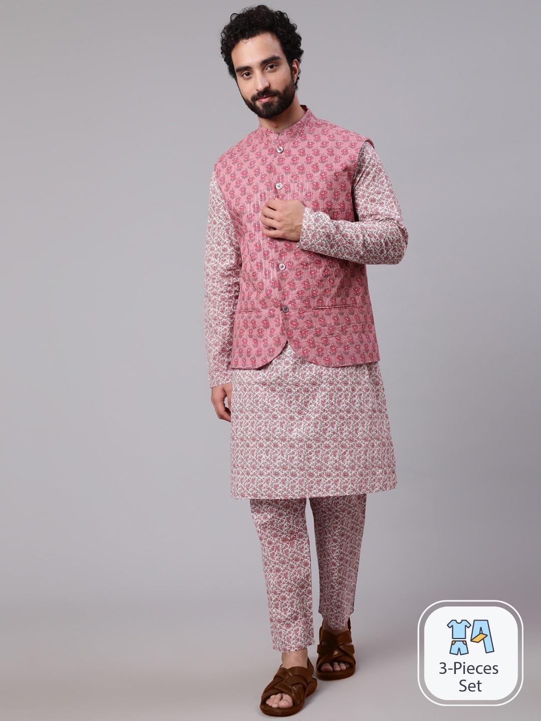 

AKS Floral Printed Mandarin Collar Regular Pure Cotton Kurta with Pyjamas With Jacket, Mauve