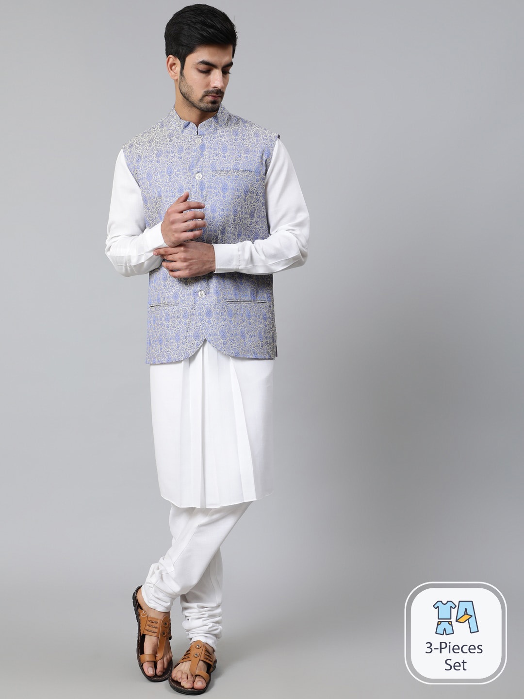 

AKS Mandarin Collar Regular Kurta with Churidar With Jacket, White