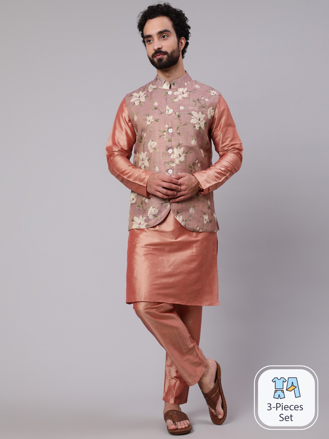 

AKS Mandarin Collar Kurta with Churidar & Nehru Jacket, Rose gold