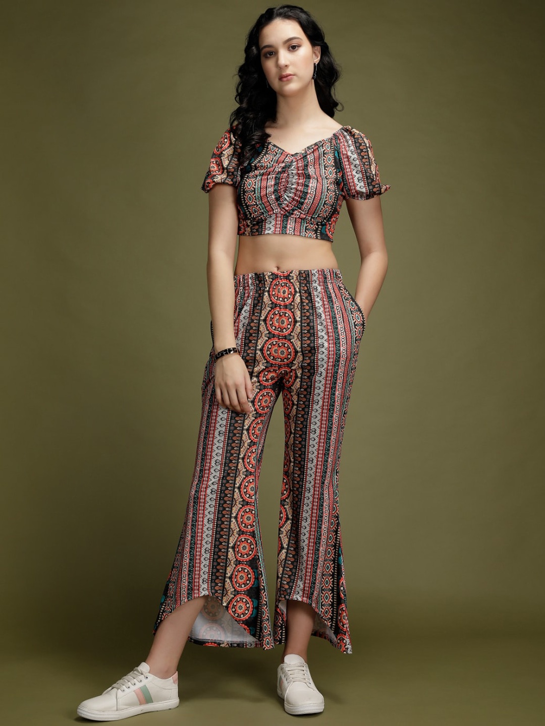 

WESTHOOD Ethnic Motifs Printed Crop Top With Palazzos, Red