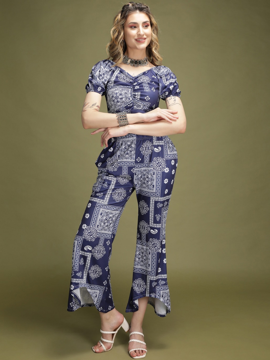 

WESTHOOD Ethnic Motifs Printed Crop Top With Palazzos, Navy blue