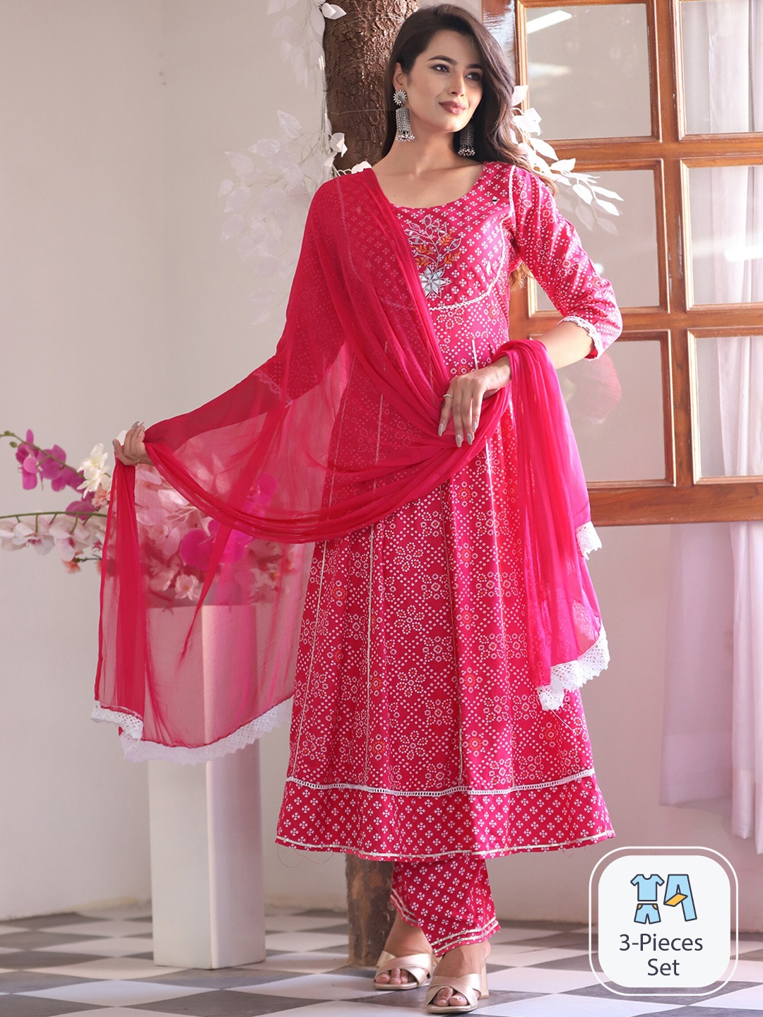 

SINGNI Bandhani Printed Regular Anarkali Kurta & Trousers With Dupatta, Pink