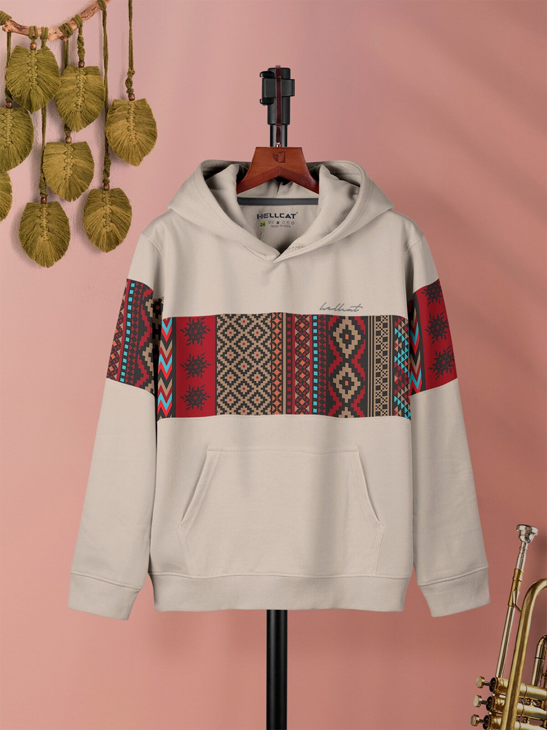 

HELLCAT Girls Geometric Printed Hooded Pullover Sweatshirt, Beige