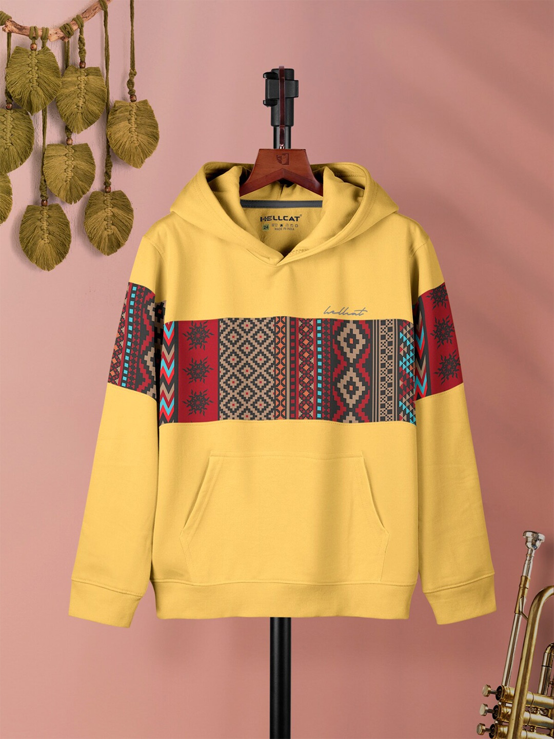 

HELLCAT Girls Geometric Printed Hooded Cotton Pullover, Mustard