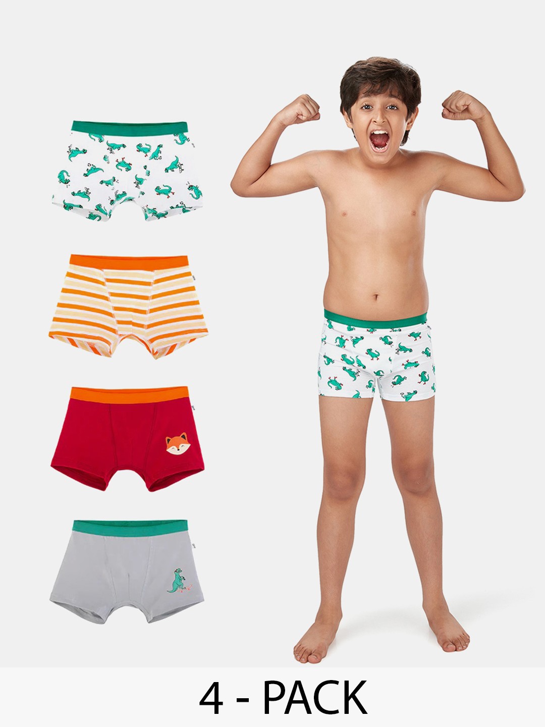 

You Got Plan B Boys Pack Of 4 Mid-Rise Printed Trunks, Grey