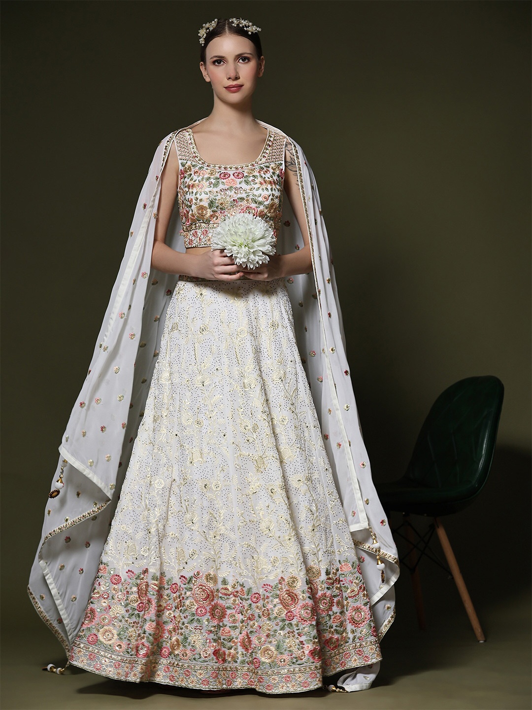 

JUST FASHION Embroidered Thread Work Ready to Wear Lehenga & Blouse With Dupatta, White