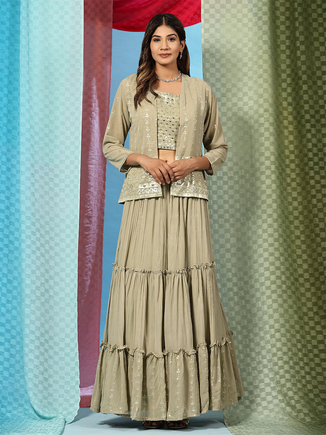 

JUST FASHION Embroidered Ready to Wear Lehenga & Blouse With Jacket, Green