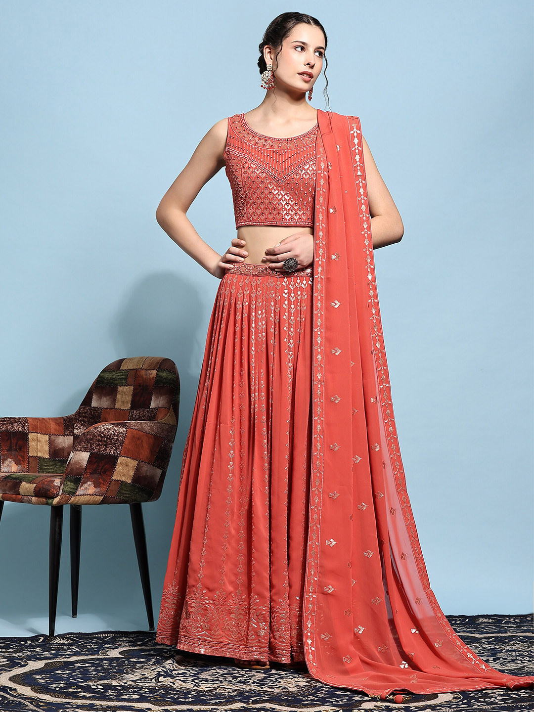 

JUST FASHION Embellished Sequinned Ready to Wear Lehenga & Blouse With Dupatta, Orange
