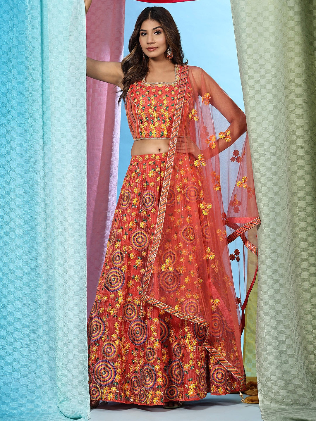 

JUST FASHION Embroidered Thread Work Ready to Wear Lehenga & Blouse With Dupatta, Orange