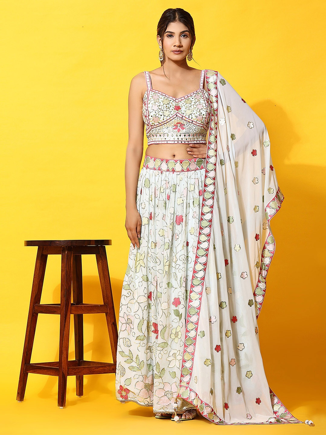 

JUST FASHION Embroidered Sequinned Ready to Wear Lehenga & Blouse With Dupatta, White