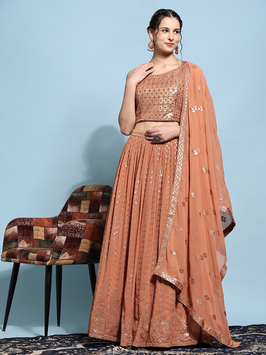 

JUST FASHION Embellished Mirror Work Ready to Wear Lehenga & Blouse With Dupatta, Brown