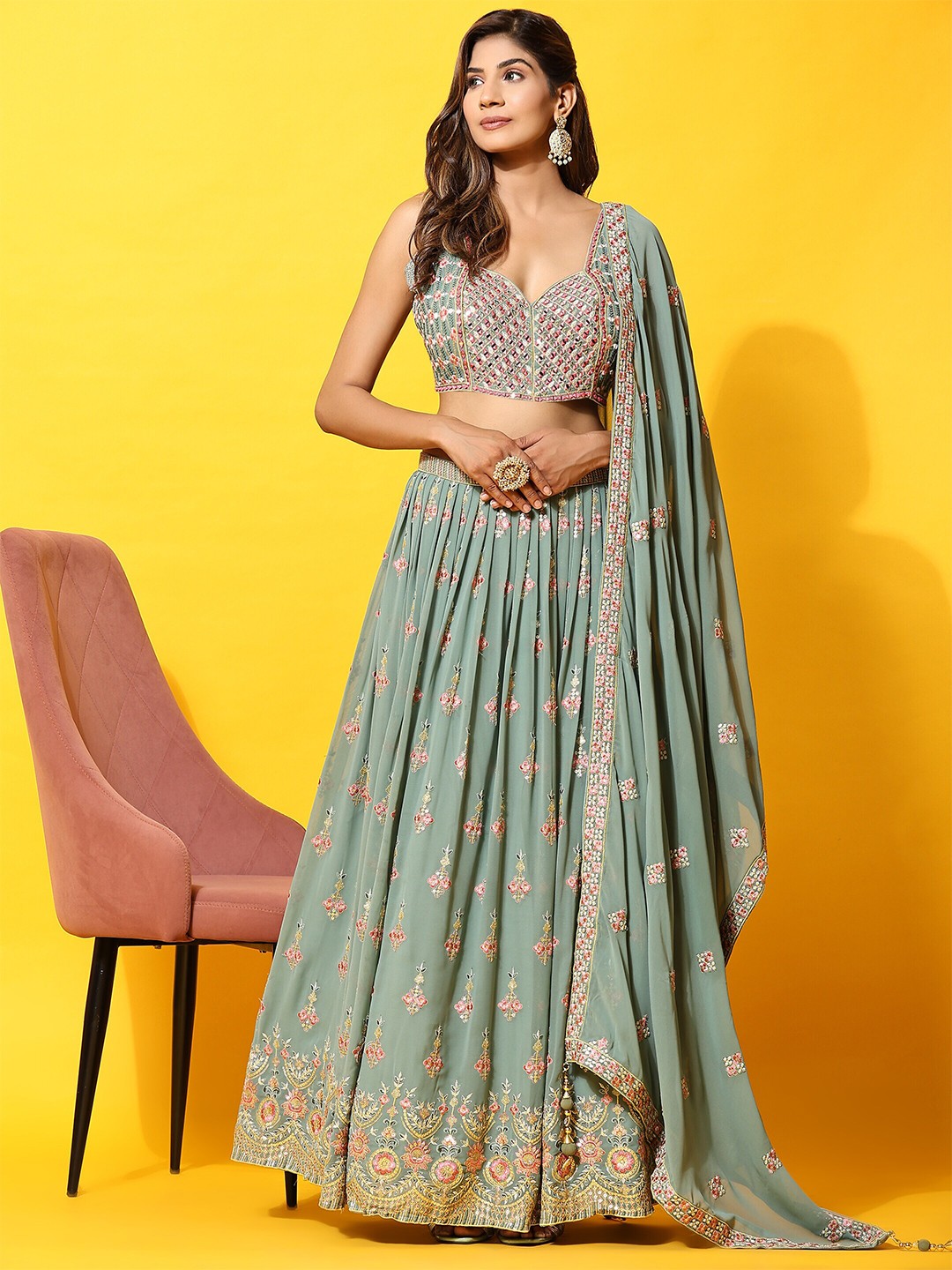 

JUST FASHION Embellished Mirror Work Ready to Wear Lehenga & Blouse With Dupatta, Green