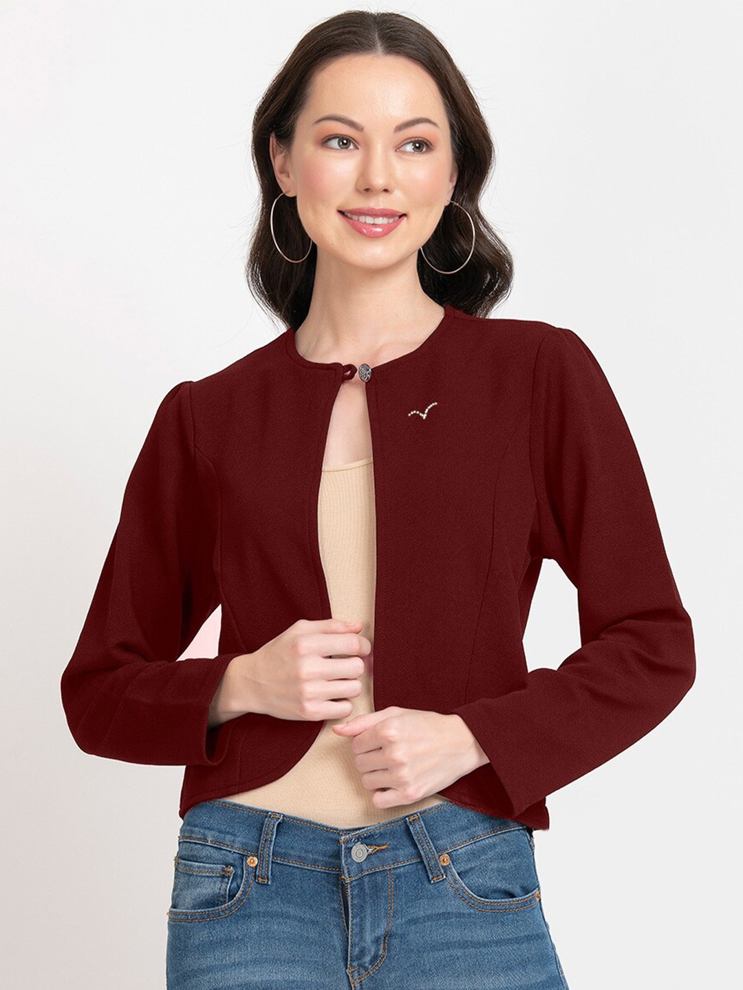 

urSense Open Front Button Closure Crop Shrug, Maroon