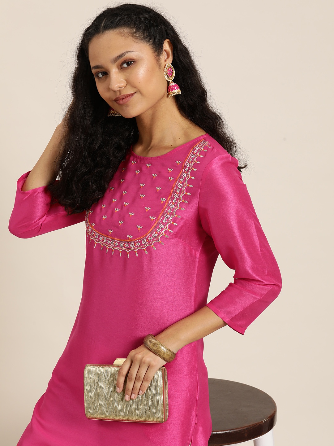 

HERE&NOW Ethnic Motifs Embroidered Thread Work Kurta, Pink