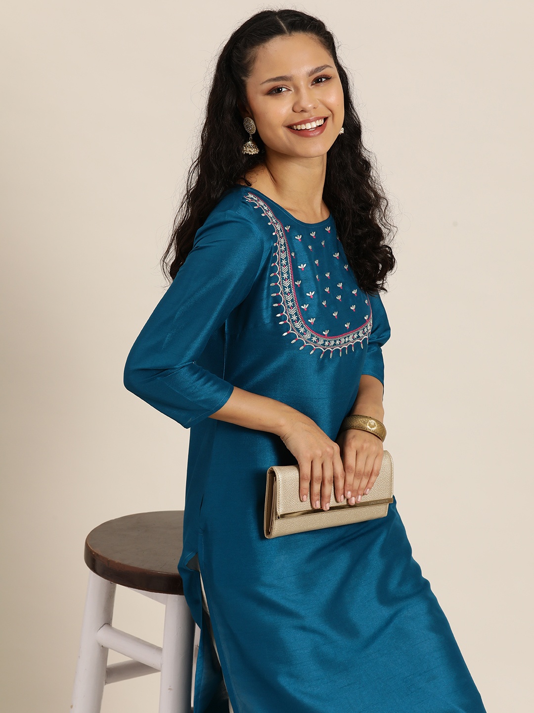 

HERE&NOW Ethnic Motifs Embroidered Thread Work Kurta, Blue