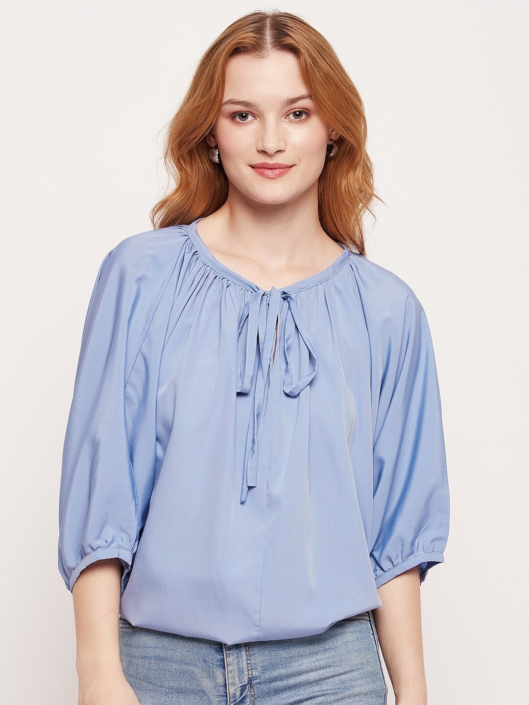 

Fashfun Tie-Up Neck Puff Sleeve Blouson Top, Blue