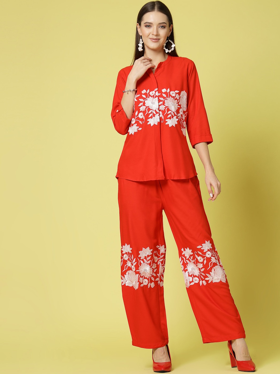 

Molly & Michel Floral Embroidered Shirt With Trousers, Red