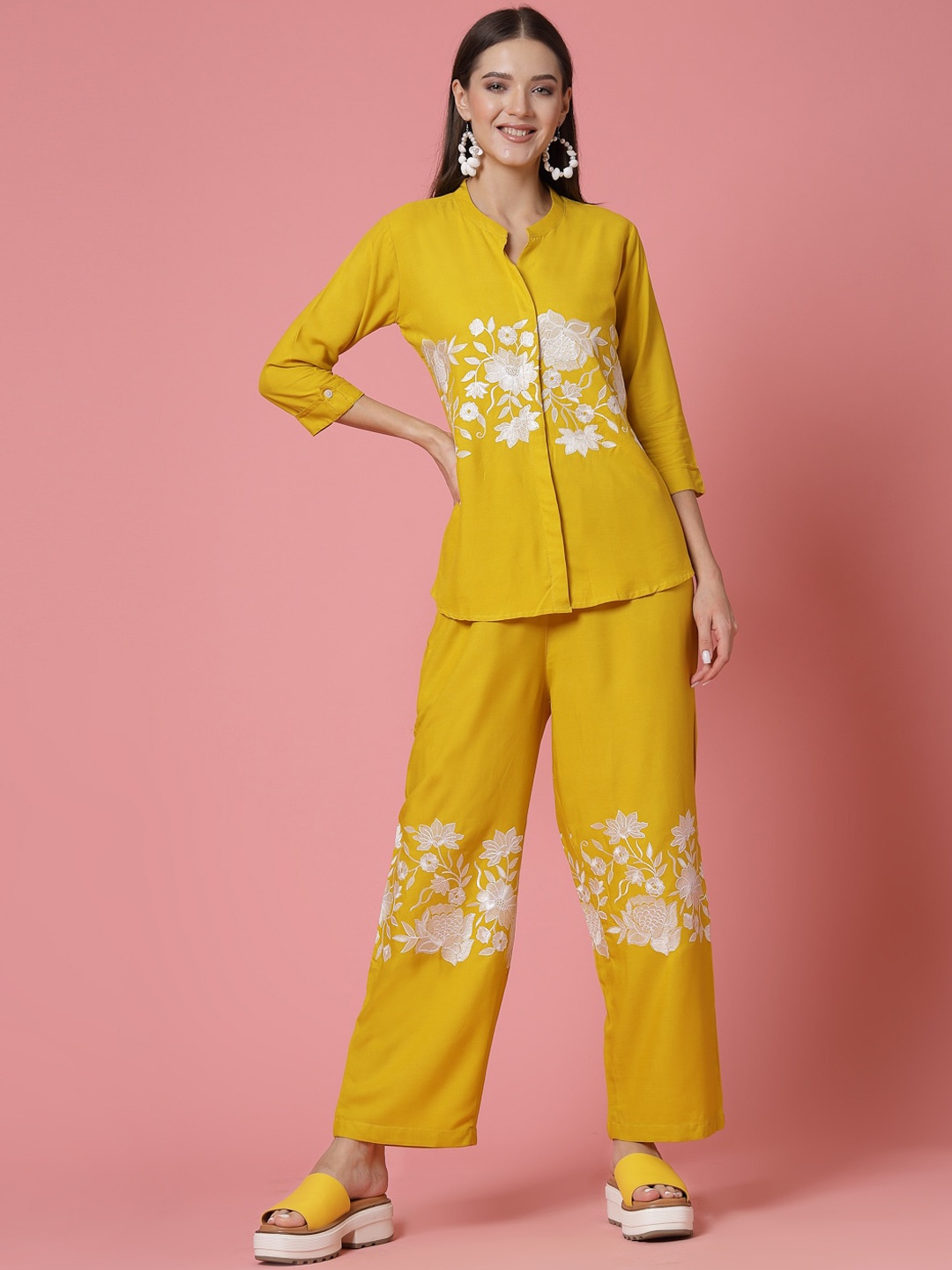 

Molly & Michel Embroidered Mandarin Collar Neck Shirt With Straight Trousers, Yellow