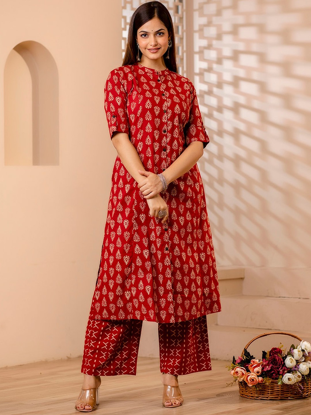 

PIROH Floral Printed Pure Cotton A-Line Kurta With Trousers, Rust