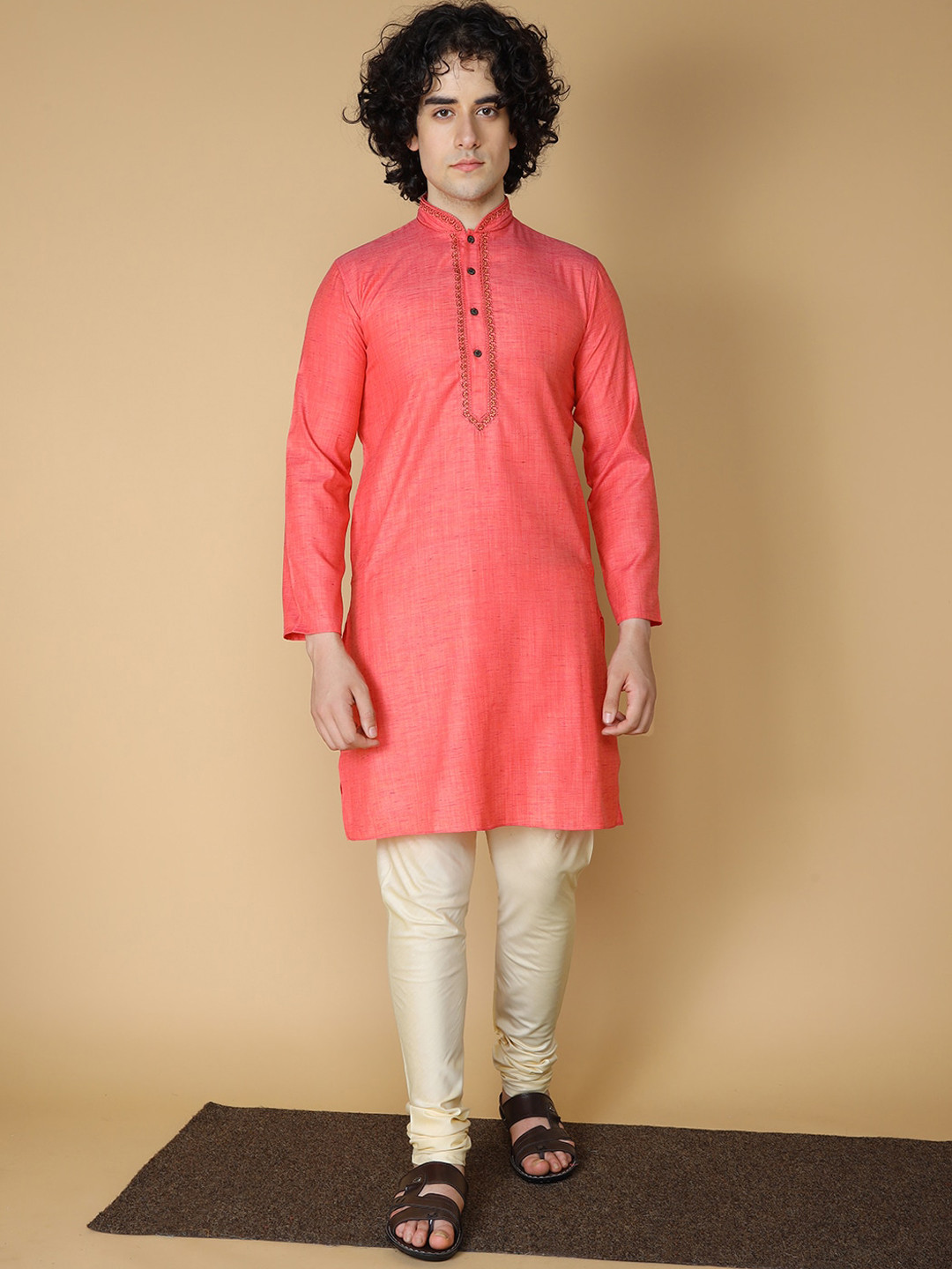 

Sultan The King Of Kurta Mandarin Collar Thread Work Detail Straight Kurta with Churidar, Peach