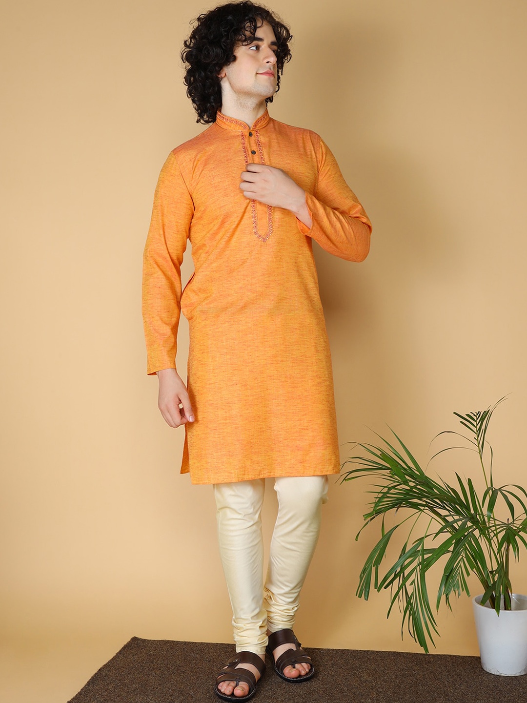 

Sultan The King Of Kurta Mandarin Collar Thread Work Detail Straight Kurta with Churidar, Mustard