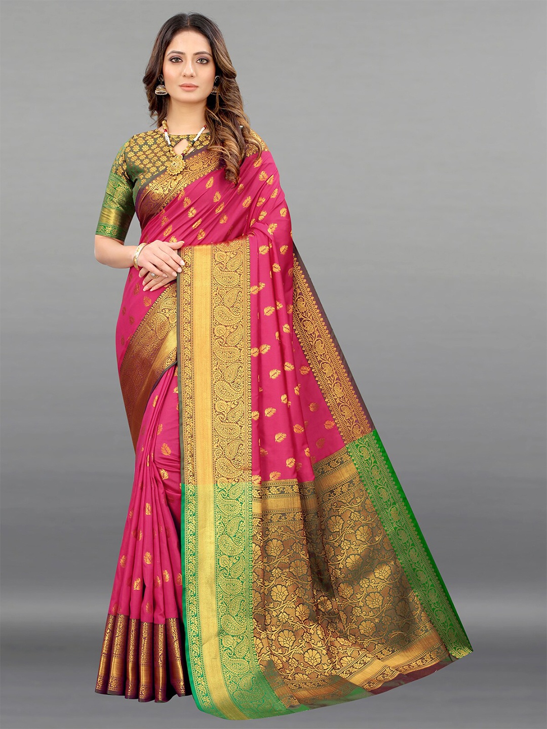 

ODETTE Ethnic Motifs Woven Design Zari Saree, Pink