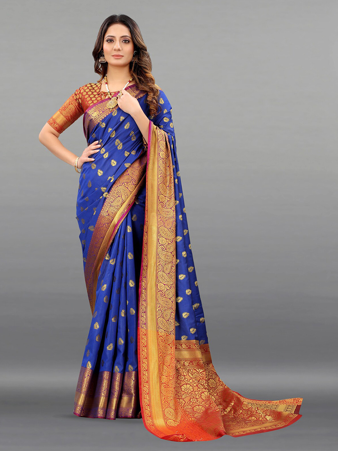 

ODETTE Floral Woven Design Zari Silk Blend Kanjeevaram Saree, Blue