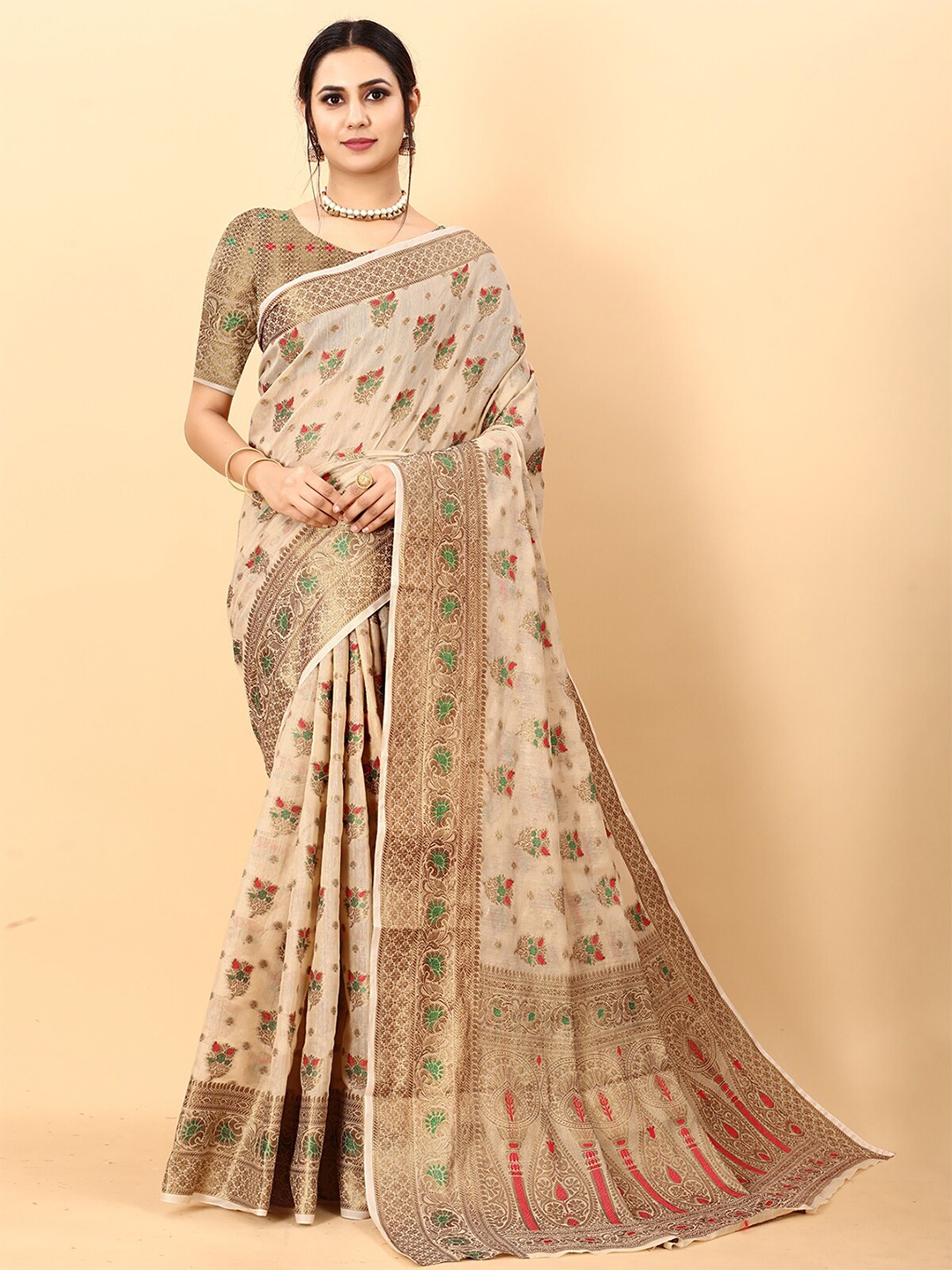 

ODETTE Ethnic Motifs Woven Design Zari Saree, Beige