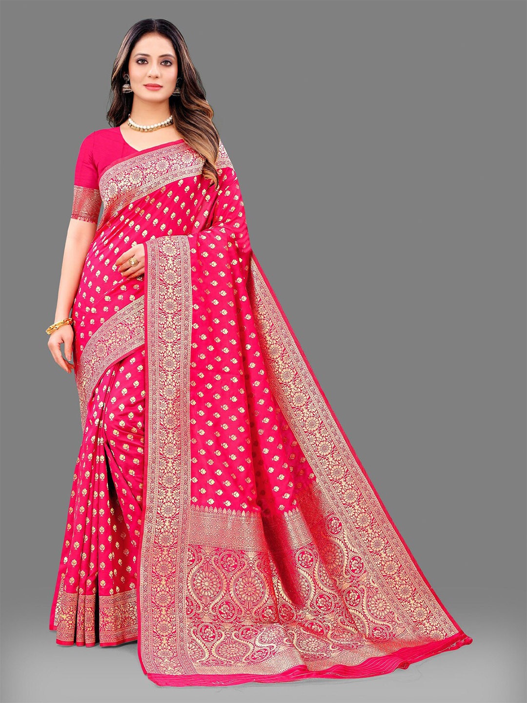

ODETTE Woven Design Zari Silk Blend Kanjeevaram Saree, Pink