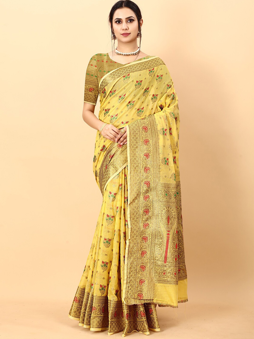 

ODETTE Ethnic Motifs Woven Design Zari Silk Cotton Kanjeevaram Saree, Yellow