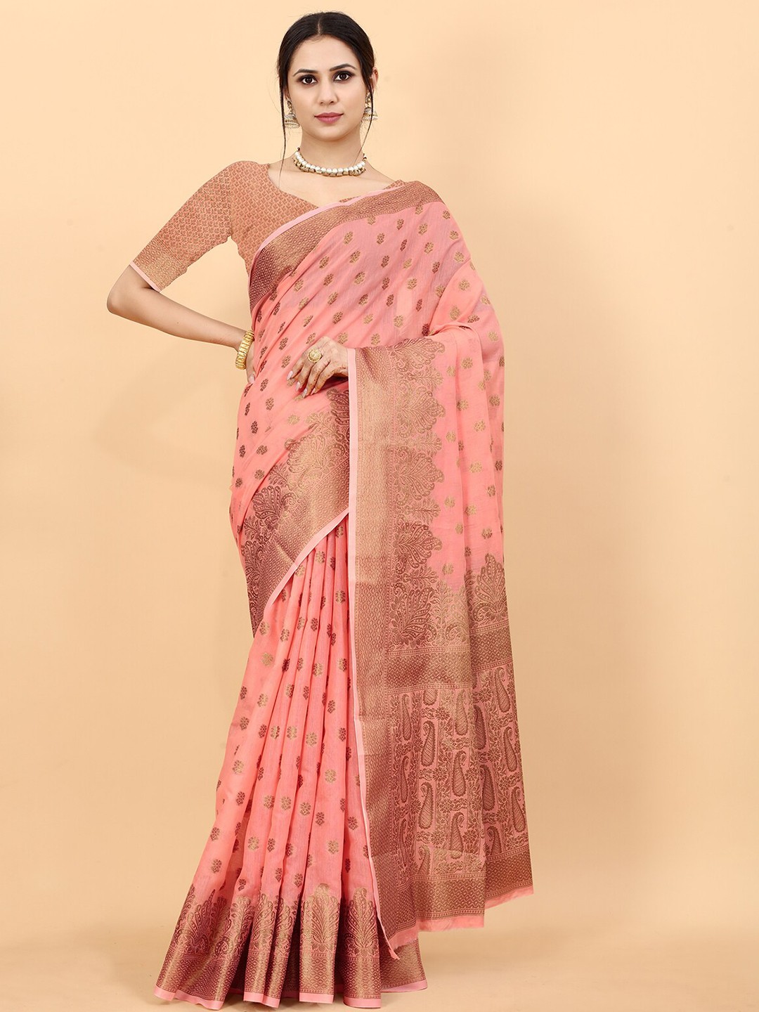 

ODETTE Ethnic Motifs Woven Design Zari Silk Cotton Kanjeevaram Saree, Peach