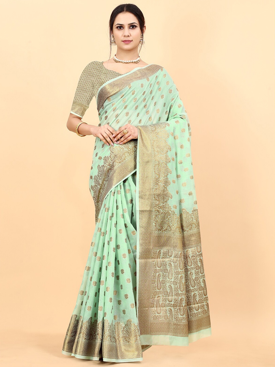 

ODETTE Ethnic Motifs Woven Design Zari Silk Cotton Kanjeevaram Saree, Green