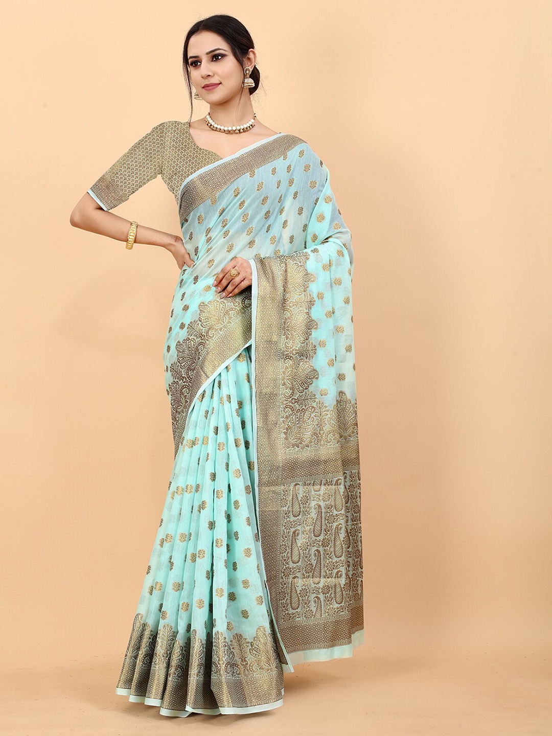 

ODETTE Ethnic Motifs Woven Design Silk Cotton Zari Saree, Blue