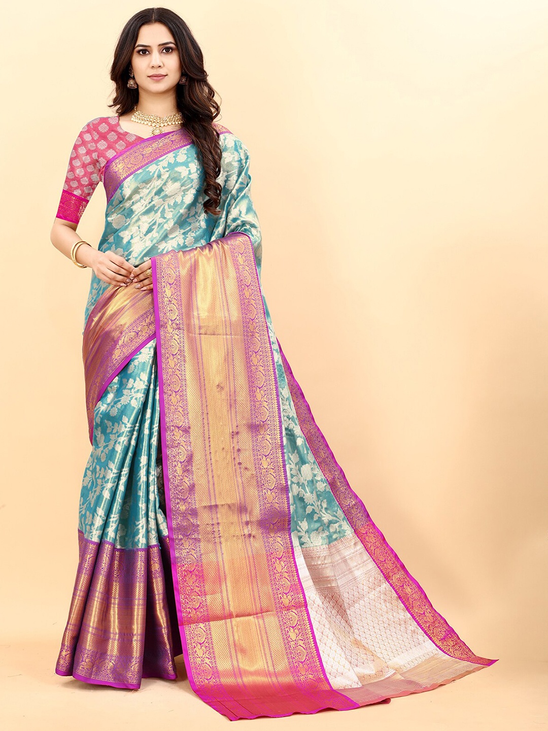 

ODETTE Woven Design Zari Silk Blend Kanjeevaram Saree, Blue