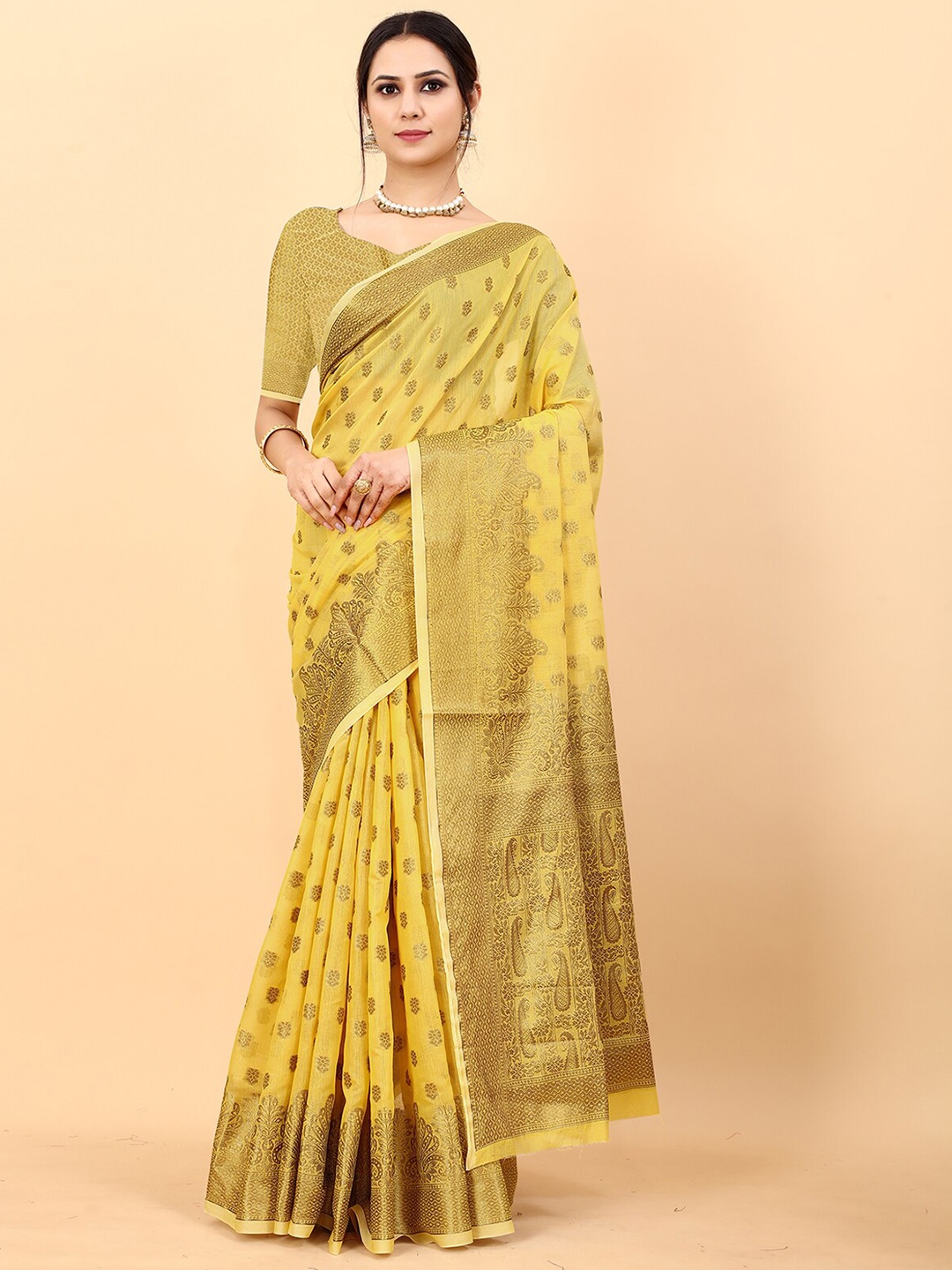 

ODETTE Ethnic Motifs Woven Design Zari Silk Cotton Kanjeevaram Saree, Yellow