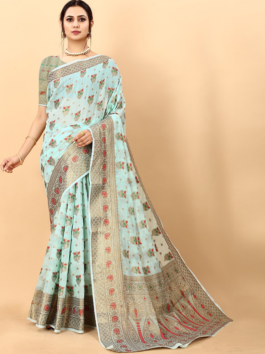 

ODETTE Ethnic Motifs Woven Design Zari Silk Cotton Kanjeevaram Saree, Blue