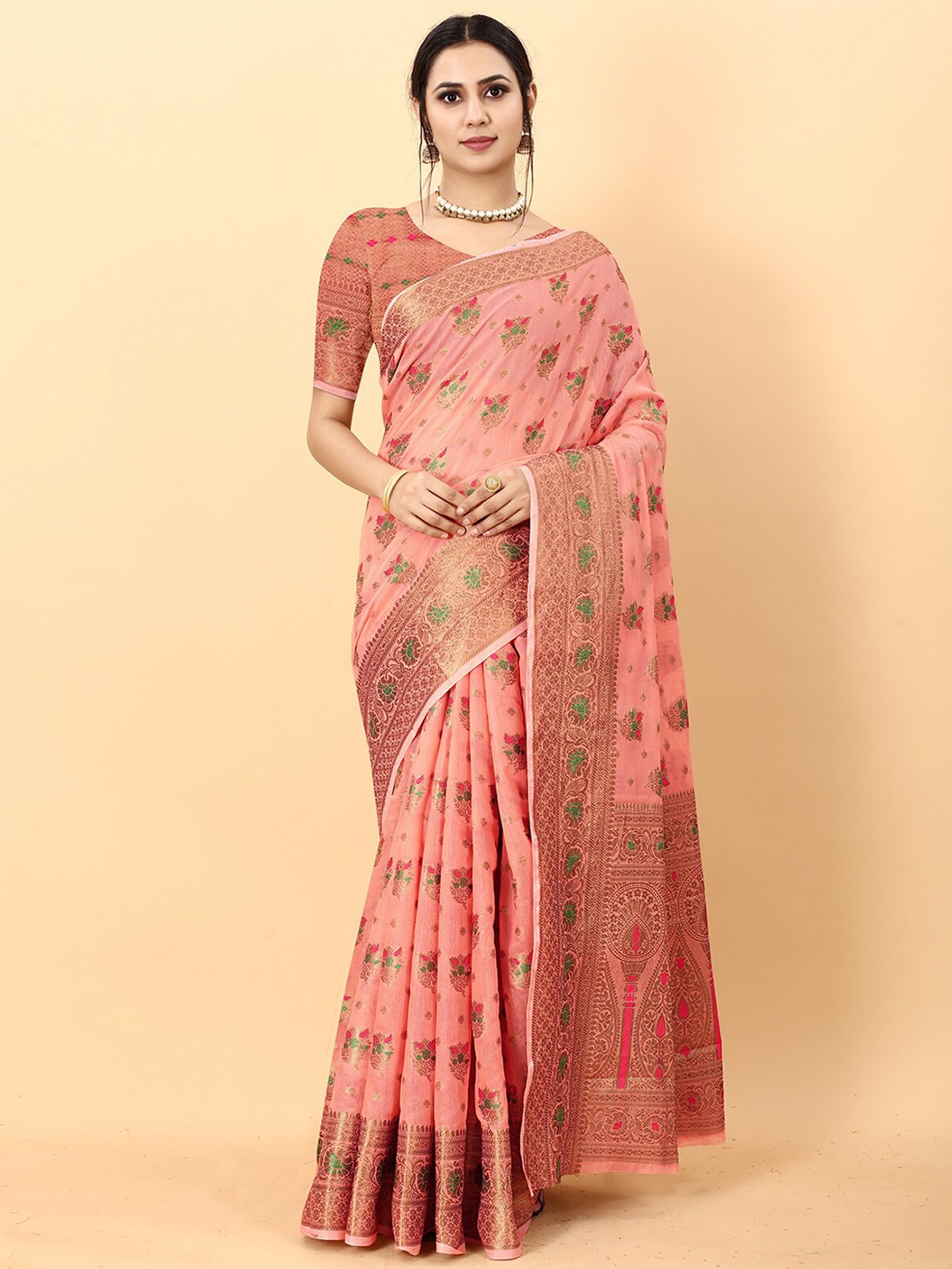 

ODETTE Ethnic Motifs Woven Design Zari Silk Cotton Kanjeevaram Saree, Peach