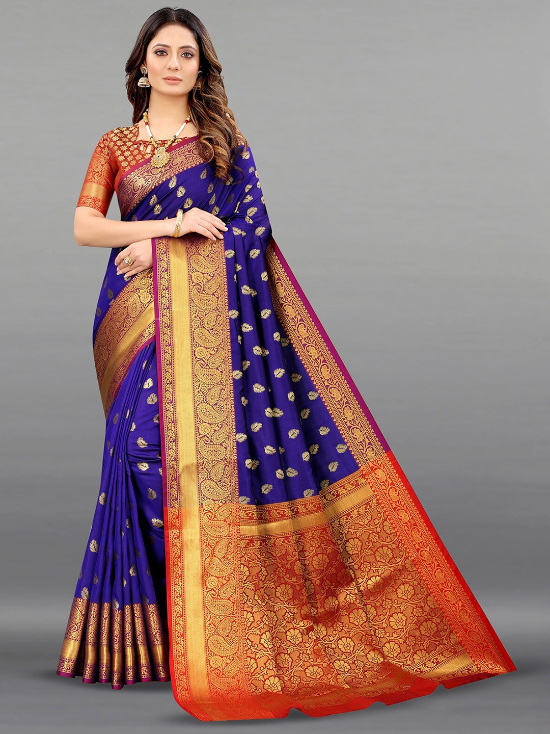 

ODETTE Ethnic Motifs Woven Design Zari Saree, Blue