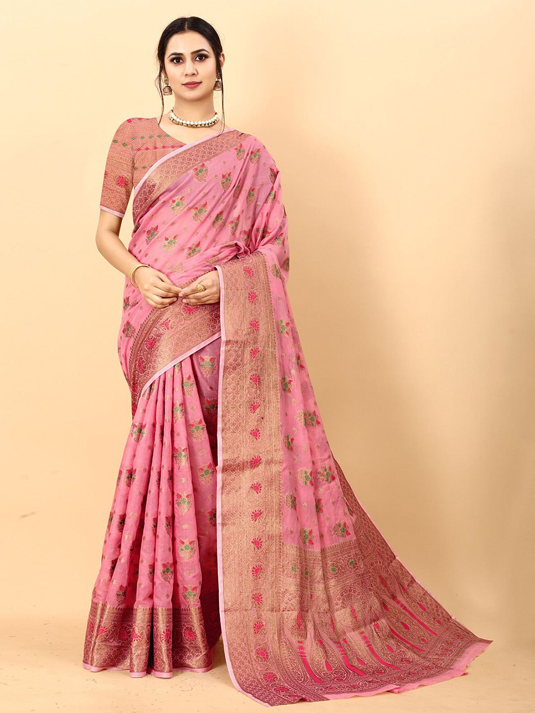 

ODETTE Woven Design Silk Cotton Kanjeevaram Saree, Peach