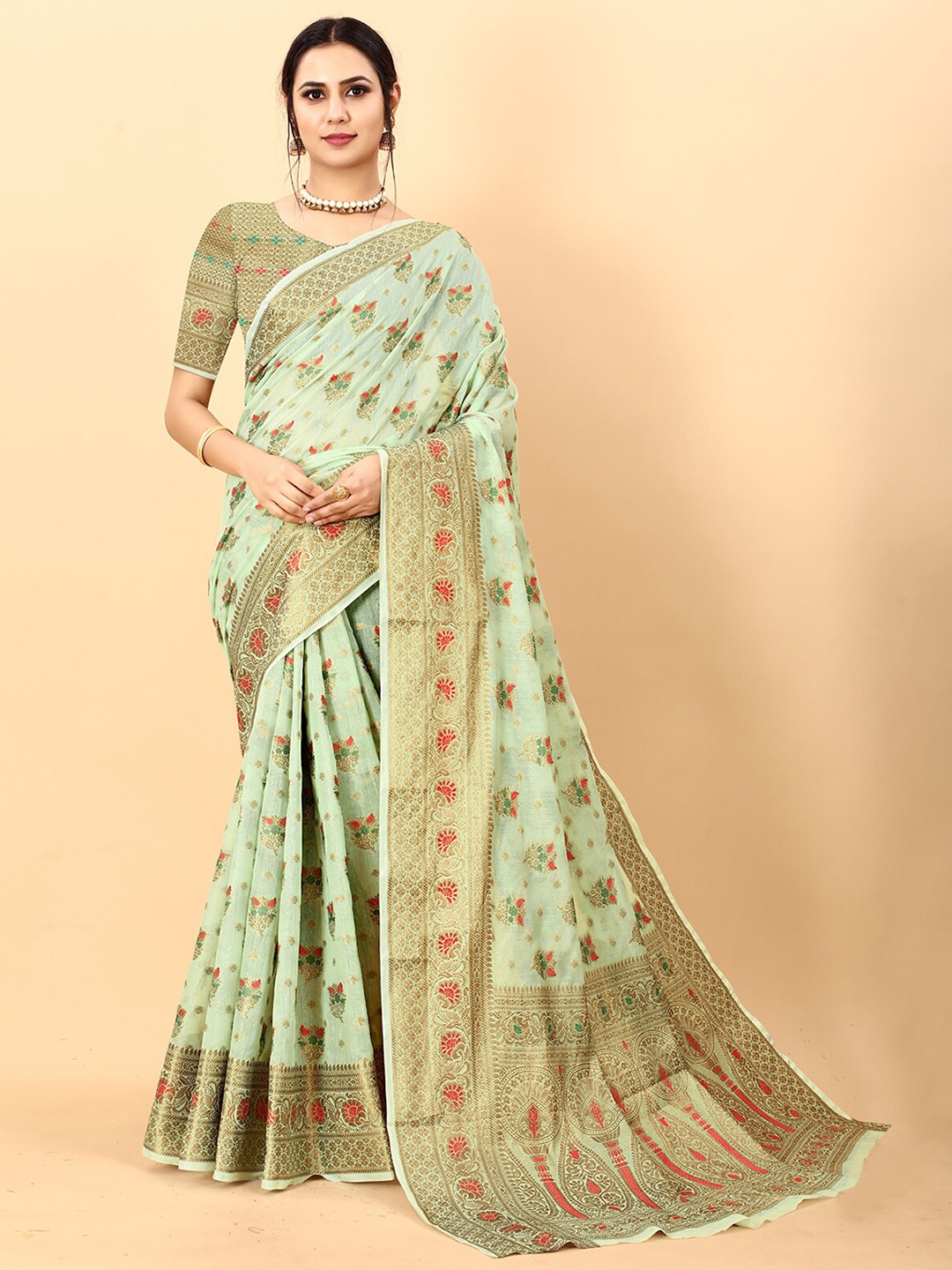 

ODETTE Ethnic Motifs Woven Design Zari Silk Cotton Kanjeevaram Saree, Green