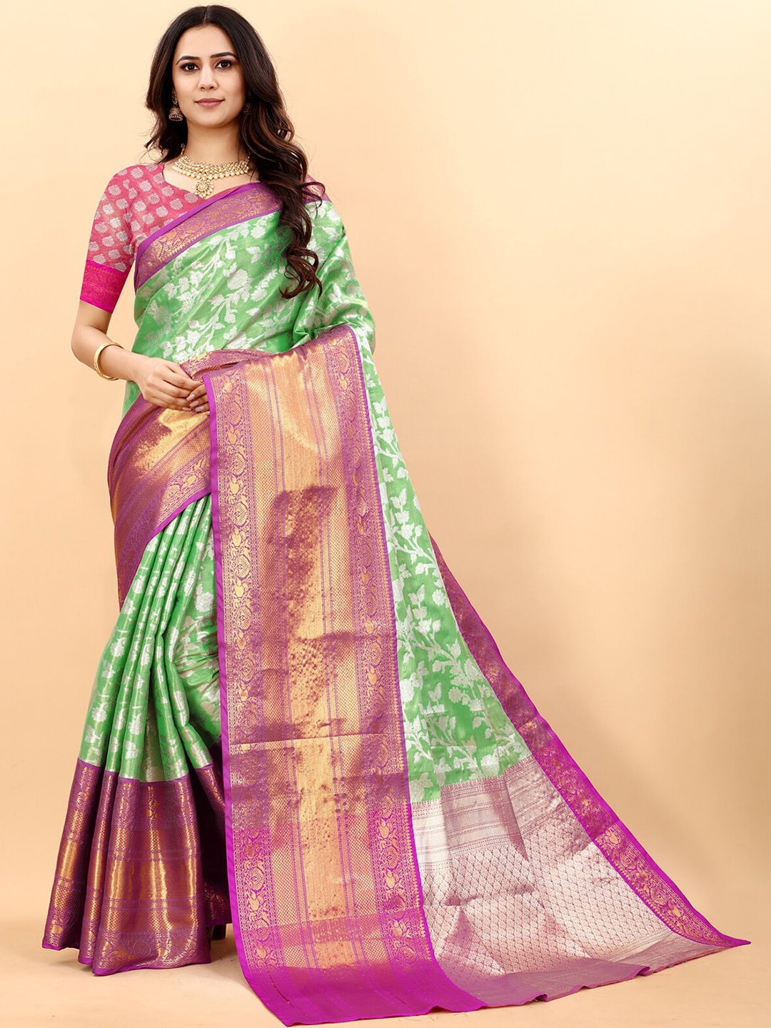 

ODETTE Woven Design Zari Silk Blend Kanjeevaram Saree, Green