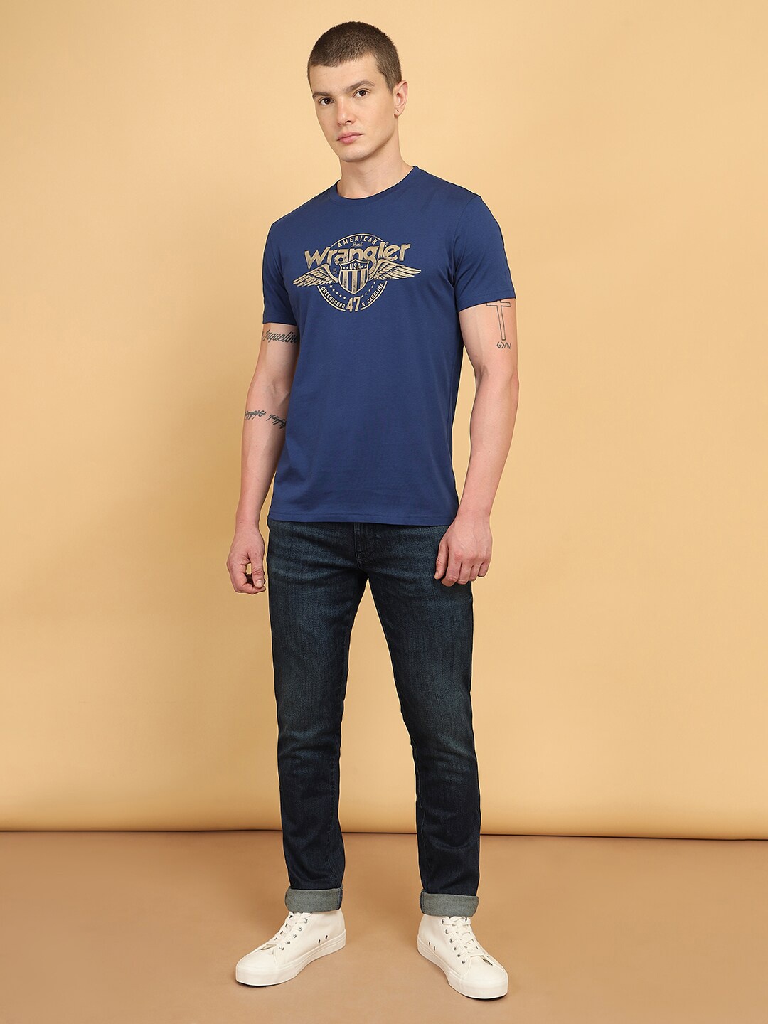 Wrangler Typography Printed Pure Cotton T-shirt, Navy blue