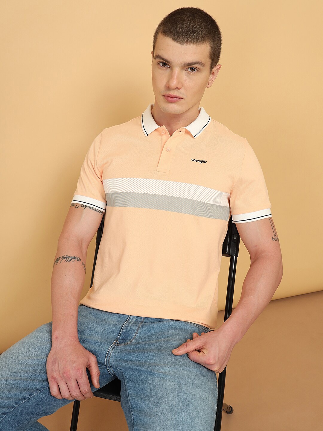 

Wrangler Striped Polo Collar Cotton T-shirt, Orange