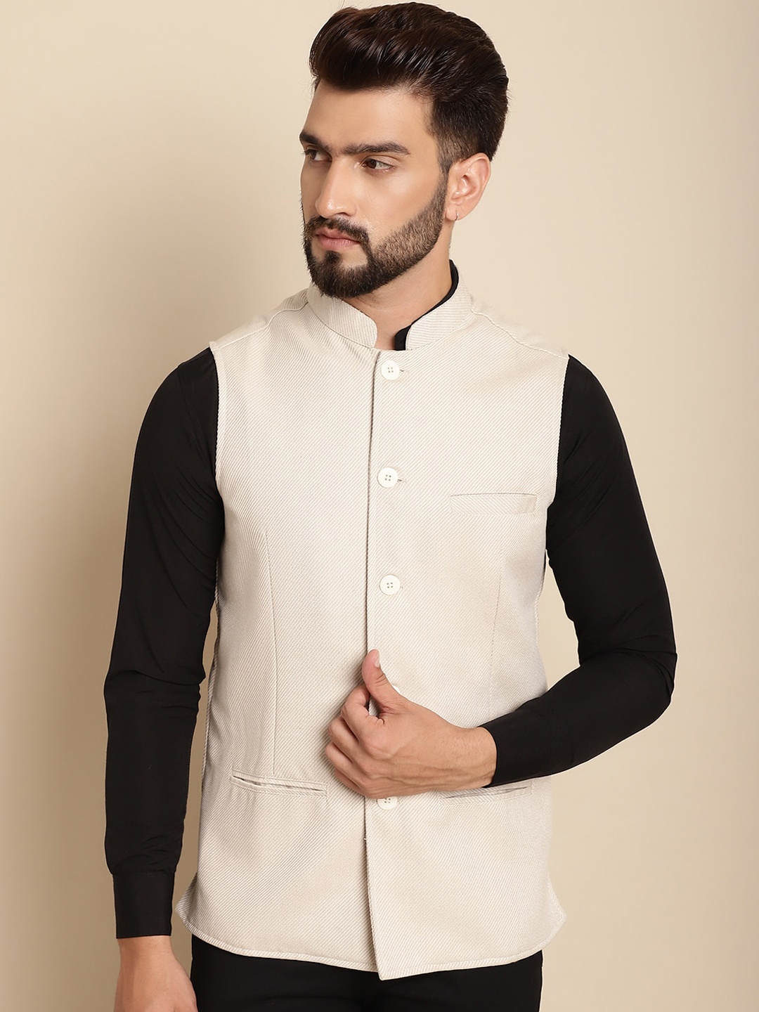 

even Self Designed Nehru Jacket, Cream