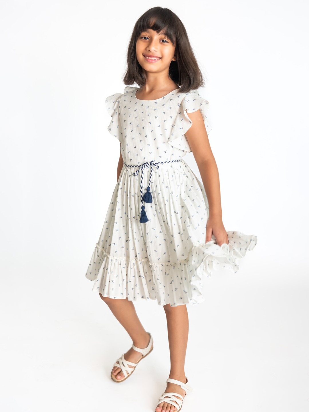 

A Little Fable Girls Floral Printed Flutter Sleeves Cotton Fit & Flare Dress, White